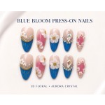 Luxury 3D White Flower Press‑On Nails, Royal Blue French Tips with Aurora Rhinestones & Gold Beads, Medium‑Long Almond False Nails